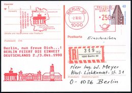 BERLIN 1990 (2.10.) Amtl. P 40 Pf. Chilehaus + Zudruck: ..BERLIN FEIERT DIE EINHEIT.. = Brandenbg. Tor,  Reichstag, Rath - Other & Unclassified