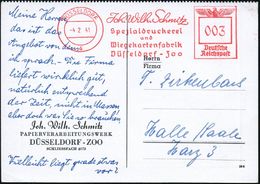 DÜSSELDORF/ 4/ Joh.Wilh.Schmitz/ Spezialdruckerei/ U./ Wiegekartenfabrik.. 1941 (4.2.) AFS Auf Reklame-Kt. Für Adress-An - Other & Unclassified