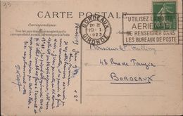 CP Bordeaux I9.I I923 Flamme Flier "Utilisez La Poste AERIENNE Se Renseignez Dans Les Bureaux De Poste" - 1927-1959 Lettres & Documents