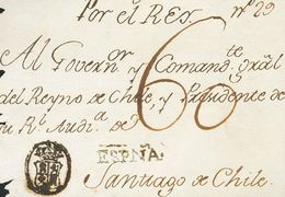 Prefilatelia. Colonial. Sobre (1785ca) Frontal De MADRID A SANTIAGO (CHILE). Marca CORREO REAL (P.E.44) Y Lineal ESPAÑA, - ...-1850 Prephilately