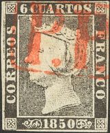 1º Y 2º Centenario. º 1 1850 6 Cuartos Negro (I-9). Matasello Prefilatélico "P.P.", En Rojo De Cádiz. MAGNIFICO. - Altri & Non Classificati