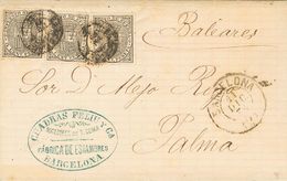 1º Y 2º Centenario. Sobre 141(3) 1874 5 Cts Negro, Tres Sellos. BARCELONA A PALMA DE MALLORCA. MAGNIFICA E INUSUAL COMBI - Autres & Non Classés