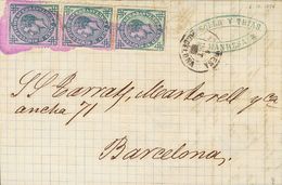 1º Y 2º Centenario. Sobre 183(3) 1876 5 Cts Verde, Tres Sellos. MANRESA A BARCELONA. Inutilizada Con Trazo De Pincel, En - Other & Unclassified