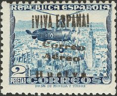 Emisiones Locales Patrióticas. Huelva. * 21hcc 1937 2 Pts Azul. Variedad CAMBIO DE COLOR EN LA SOBRECARGA, En Negro. MAG - Emissions Nationalistes