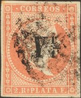 Cuba. º 10e 1860 Y¼ Sobre 2 Reales Rojo Naranja. Variedad BARRA DESPLAZADA A LA DERECHA. MAGNIFICO Y RARO. Cert. ECHENAG - Kuba (1874-1898)