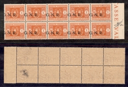 0382 REPUBBLICA SOCIALE - 1944 - GNR Verona - 1 Lira (55d - Segnatasse) - Blocco Di 10 Bordo Foglio Con Soprastampe A Ca - Otros & Sin Clasificación