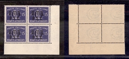 0442 TRIESTE  A - 1949 - Quartina Del 15 Lire Recapito Autorizzato (3) Angolo Di Foglio - Gomma Integra (450) - Other & Unclassified