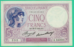 5 Francs Violet - France - N° 232/A.55302 - DO.26=5=1933.DO. -  Sup - - 5 F 1917-1940 ''Violet''