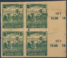 (*) 1919 Magyar Posta Arató 20f Sötétzöld Vágott Négyestömb Próbanyomat Jobb Oldali ívszéllel, Vízjel és Enyvezés Nélkül - Autres & Non Classés