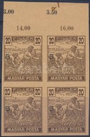 (*) 1919 Magyar Posta Arató 20f Barna ívszéli Vágott Négyestömb Próbanyomat, Vízjel és Enyvezés Nélküli Sárgás Papíron,  - Other & Unclassified