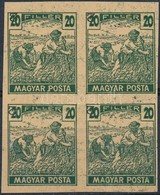 (*) 1919 Magyar Posta Arató 20f Sötétzöld Vágott Négyestömb Próbanyomat, Vízjel és Enyvezés Nélküli Vastagabb Sárgás Pap - Autres & Non Classés