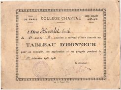 VP11.395 - Ville De PARIS 1931 - 32 - Collège CHAPTAL - Tableau D'Honneur - Elève Emile HIVERLET - Diploma & School Reports