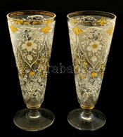 Talpas Antik Pohár Párban, Zománc Festett, Kopott, Jelzés Nélkül, M:18 Cm ( 2×) - Verre & Cristal