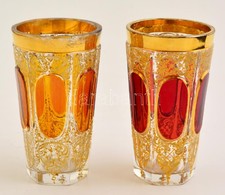 Régi Kézzel Festett Pohár (párban), Hibátlan, Kétrétegű Jelzés Nélkül, Kopott Aranyozás, Apró Csorbával,  M:10 Cm (2×) - Glass & Crystal