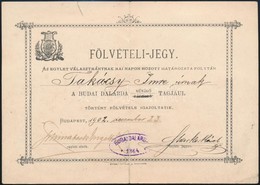 1902 Bp., Felvételi Jegy A Budai Dalárdába, Hajtott, Szakadással - Unclassified