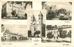 T2 Léva, Levice; Egészségház, Várrom, OTI, Fő Tér, Római Katolikus Templom / Sanatorium, Main Square, Church, Castle Rui - Non Classés