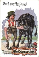 ** T2/T3 Salzburg, Der Stierwascher / Bull Washer. Austrian Folklore Art Postcard S: Fißlthaler (EK) - Unclassified