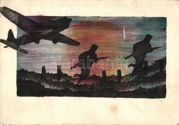* T3 1944 Második Világháborús Saját Kézzel Festett Katonai Művészlap Repülővel / WWII Hungarian Military Art Postcard.  - Non Classés