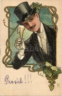 T2 Gentleman With Champagne. Art Nouveau Greeting Art Postcard S: E. R. - Unclassified