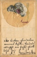 * T3/T4 Art Nouveau Lady, Embossed Raphael Kirchner Style Postcard (tear) - Unclassified