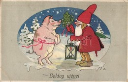 T2/T3 Boldog Újévet! / Santa Claus With Pig, New Year Greeting Card, Litho  (EK) - Unclassified