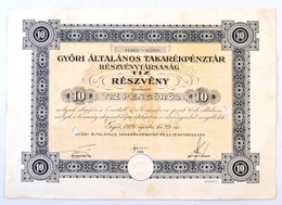 Győr 1926. 'Győri Általános Takarékpénztár Részvénytársaság' Tíz Részvénye Egyenként 10P-ről, Szárazpecséttel, Két Lyuka - Unclassified