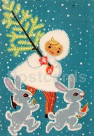 New Year Greeting Card By M. Fuks - Girl - Hare - Carrot - Tree - 1965 - Estonia USSR - Used - Nouvel An