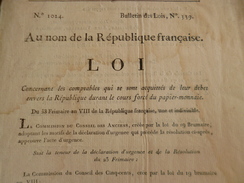 Loi Révolution 23 Frimaire An VIII Comptables Aquittés Debet Cours Forcé Papier Monnaie Tachée En L'état - Decrees & Laws