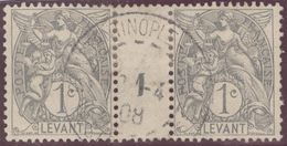 Franz. Kolonien Levante 1908-04-03 Constantinopel Mi#9+ZS+9 Bogennummer 1 Gestempelt Zwischensteg (rechts Stumpfe Zähne) - Used Stamps