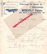 75-PARIS-RARE LETTRE FACTURE SIGNEE NOIRAULT FRERES- FABRIQUE SELLES VELOCIPEDES-VELO-CYCLISME-57 RUE LAURISTON-1898 - 1800 – 1899