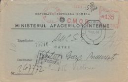 67143- MINISTRY OF INTERIOR HEADER REGISTERED COVER FRAGMENT, AMOUNT 1.35, BUCHAREST RED MACHINE STAMP, 1960, ROMANIA - Covers & Documents