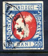 ROMANIA 1869 Prince Carol 50 B. Blue/red  Used.   Michel 25a - 1858-1880 Moldavie & Principauté