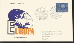 J) 1960 NORWAY, EUROPA CEPT, "O" IN EUROPA, MAP, CIRCULATED COVER, FROM OSLO TO BELGIUM - Cartas & Documentos