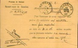 Carte Postale Administrative Du Ressort-voyer De GOSSELIES Vers SENEFFE (15/02/1907) Ayant Circulé En Franchise Postale - Franquicia