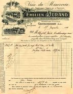 "Les Vins Du Minervois", Emilien DURAND, Viticulteur-propriétaire, Rue Soumet, CASTELNAUDARY, 1921 - Invoices