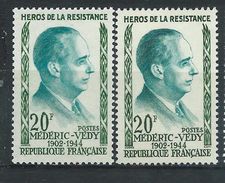 [15] Variété : N° 1200 Héros De La Résistance Mérédic-Védy Vert-bleu Au Lieu De Vert-émeraude + Normal  ** - Neufs