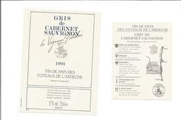 Etiquette De VIN De PAYS Des COTEAUX De L'ARDECHE - Gris De Cabernet Sauvignon 1991 - Vino Rosato