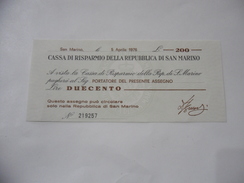 ASSEGNO CASSA DI RISPARMIO DELLA REPUBBLICA DI SAN MARINO LIRE 200. - [10] Chèques