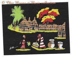 SCENE AFRICAINE DECOR VILLAGE ET FEMMES - PEINTURE SUR PAPIER NOIR EPAIS - SIGNATURE EN BAS A GAUCHE - 13.5 X 10.5 CM - Otros & Sin Clasificación