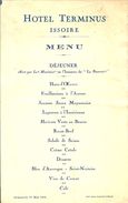 MENU HOTEL TERMINUS ISSOIRE DEJEUNER OFFERT PAR LE MONITEUR EN L HONNEUR DE LA BOURREE 27 MAI 1928 - Menú