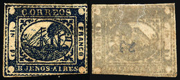 ARGENTINA: GJ.11A, IN Ps. Dark Blue, PARCHMENT-like Paper Variety (rare), Type 23 - Buenos Aires (1858-1864)