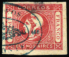 ARGENTINA: GJ.21, 1P. Rose, With The Very Rare Rococo Cancel Of MONTE In Blue, Sm - Buenos Aires (1858-1864)