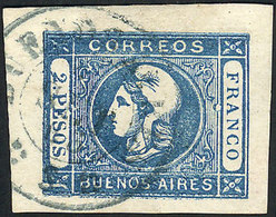 ARGENTINA: "GJ.22b, 2P. Blue, Dull Impression, Spectacular SHEET CORNER Single, W - Buenos Aires (1858-1864)