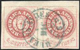 ARGENTINA: GJ.14, 5c. Without Accent, Worn Plate, Beautiful Pair Used In Buenos A - Neufs