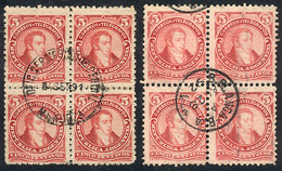 ARGENTINA: GJ.106, 2 Used Blocks Of 4 With Cancels Of Bahia Blanca And Mendoza, V - Autres & Non Classés