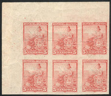 ARGENTINA: GJ.222P, 1899 5c. Liberty, IMPERFORATE Corner Block Of 6, VF Quality A - Autres & Non Classés