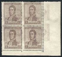 ARGENTINA: GJ.459, 1918 2c. San Martín Watermarked, Corner Block Of 4 With Variet - Autres & Non Classés