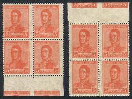 ARGENTINA: GJ.462, 1918 5c. San Martín Unwatermarked, 2 Blocks Of 4 With Sheet Ma - Autres & Non Classés