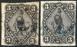 PARAGUAY: Sc.3, 1870 Lion 3R. Black, 2 Examples With Interesting Cancels, One Of - Paraguay