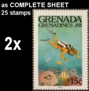 CV:€18.00 BULK: 2 X Grenada Grenadines 1985 Diving 15c COMPLETE SHEET:20 Marine Life Fish - Diving